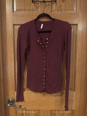 Free People Burgundy Waffle Henley Long Sleeve Top